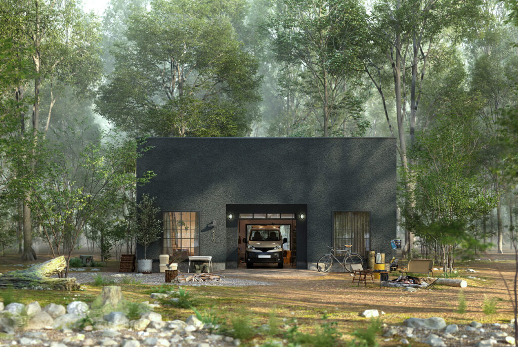 ロフト付き平屋のガレージハウスの外観