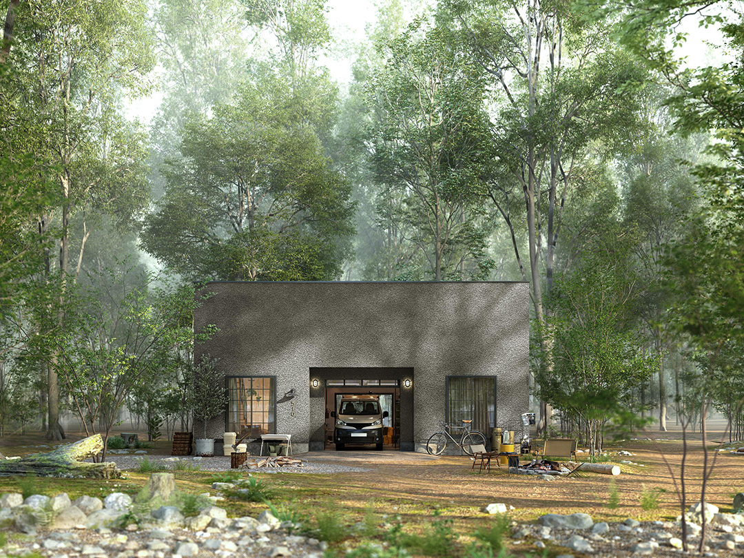 家の真ん中に大きなガレージを配置した大胆な間取りの平屋